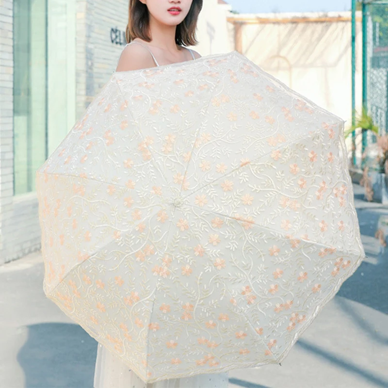 

Lace Sun UV Protection Lady Umbrella for Woman Folding Embroidery Rain or Shine Dual-use Princess Umbrella