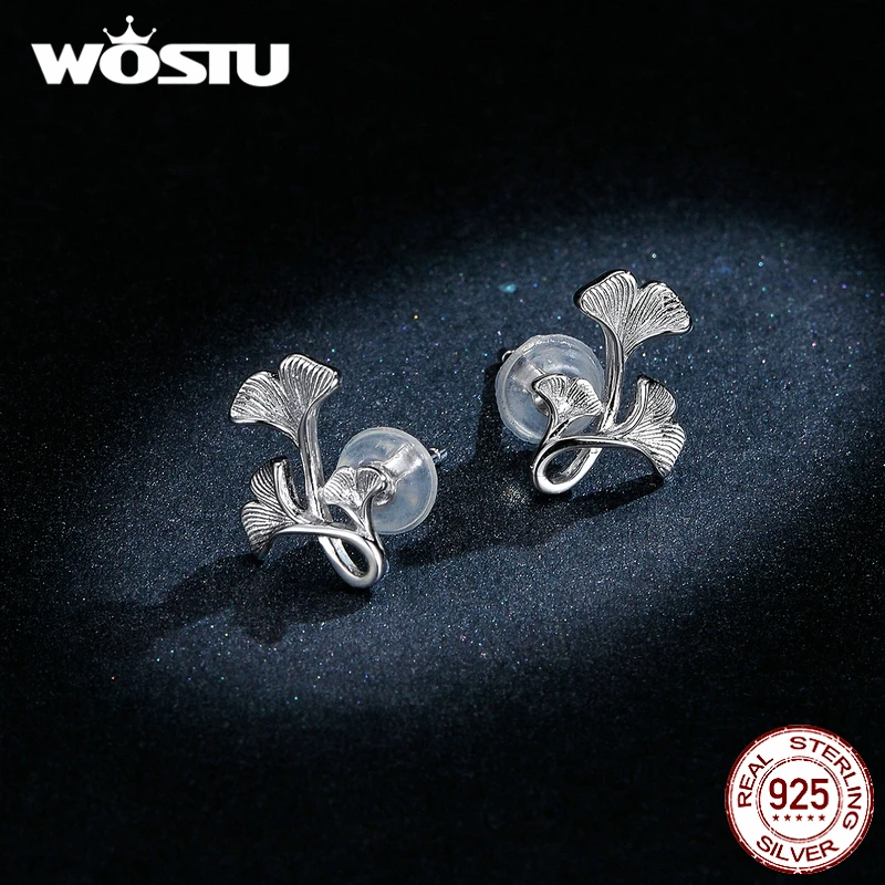 WOSTU, стильный, настоящее 925 пробы, серебряные серьги-гвоздики в виде листьев гинкго для женщин, свадебные маленькие серьги, модное ювелирное изделие, подарок CTE328