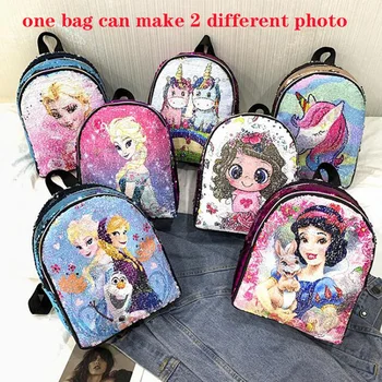

2020 one bag two photo cartoon Sequins Backpack Glitter School Book Bag Girls Cute Hologram Laser PU Leather women Travel bag