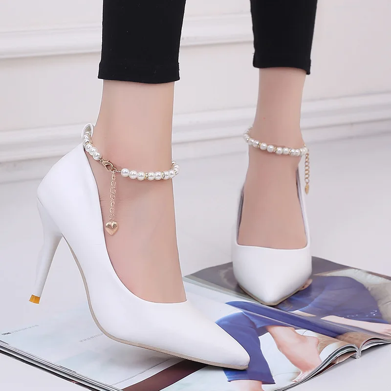 

2019 New Style Women's High Heel Pointed Leather Shoes Fashion Pearl Thin Heeled Women's Low-Cut Fashion Casual Shoes