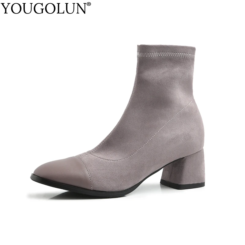 

Thick Heel Flock Ankle Boots Women Autumn Lady Mid Heels C285 New Arrived Fashion Woman Sexy Black Gray Apricot Square Toe Boots