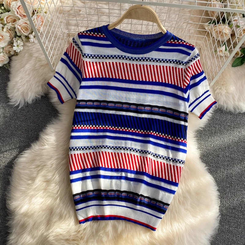 New Arrival Summer Stripe Knit Tops and Printed A-line Long Skirt Two piece Sets Women Runway Design Fashion Knit Set Suit