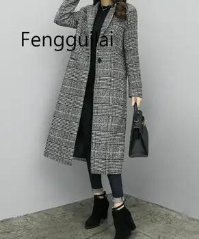 

FENGGUILAI Wool Coat Plaid Women Loose Long Single Breasted Woolen Coats Winter Coat Woolen Overcoat 2020 Wool Jackets Trench