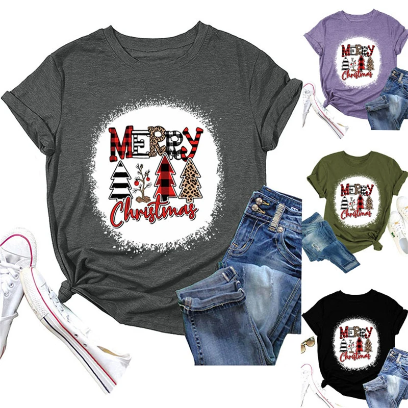 

Retro women's short-sleeved T-shirt round neck shirt Christmas tree top casual shirt Merry Christmas old fashion printing