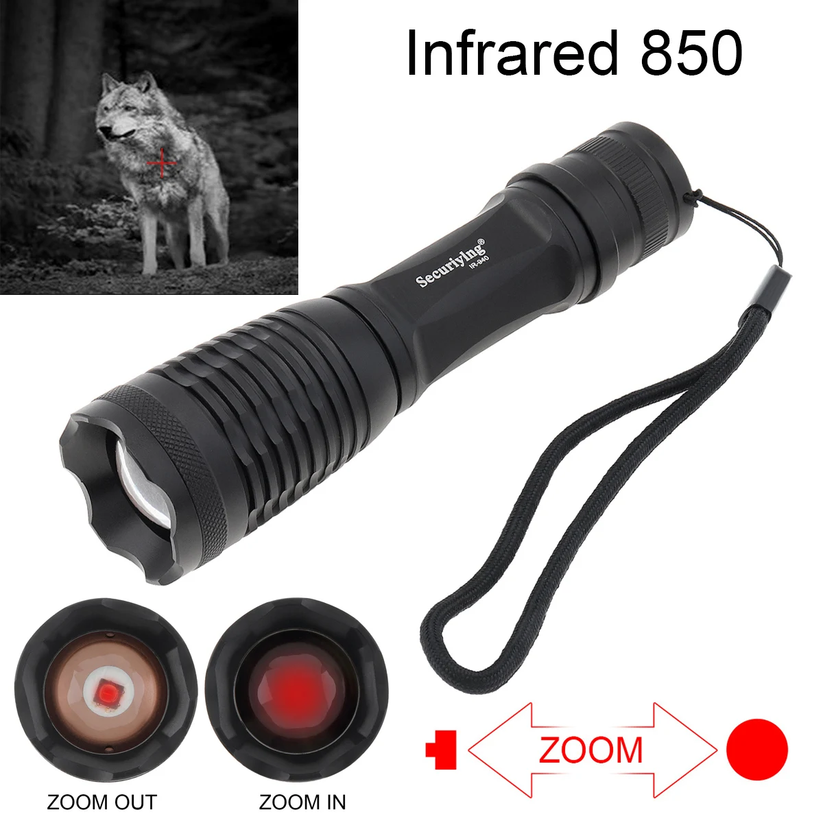 

SecurityIng IR Hunting Flashlight Zoomable Focus 850nm LED Infrared Radiation IR Night Vision Torch Use 18650 / AAA Battery