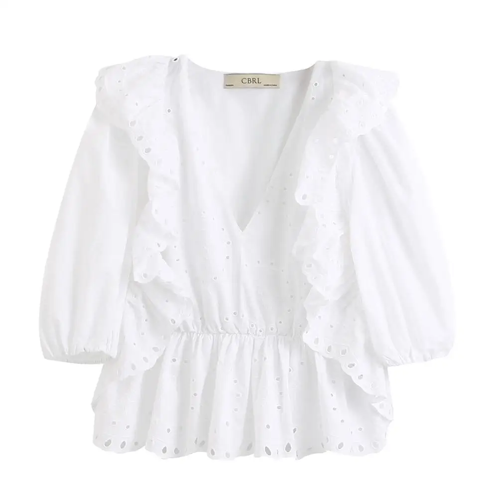2020 za women summer TOP WITH CUTWORK EMBROIDERY V-neck top featuring sleeves falling below the elbow with elastic trim |