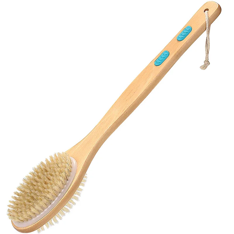 Bristle Bath Brush with Long Wooden Handle Exfoliating and Soft Scrub