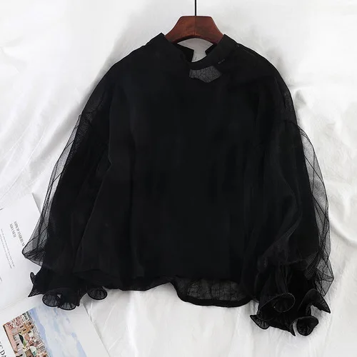 black Neploe/Новинка, женская шифоновая блузка, рубашка, костюмы, марлевые, лоскутные, с пышными рукавами, пуловер, топы и Cami,, комплекты из 2 предметов 54421 - Цвет: black