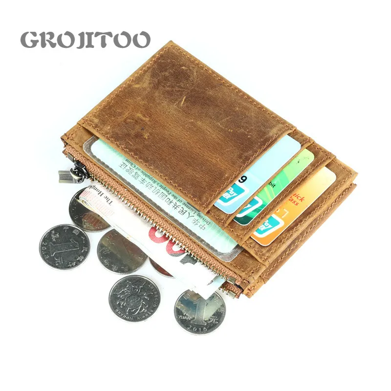 

GROJITOO New Crazy Horse Leather Card bag men's first layer cowhide zipper coin purse fashion coin bag pocket retro purse