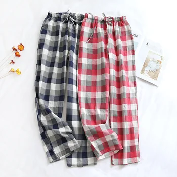 

Autumn Cotton Double Layer Gauze Pajama Pants Plaid Long Casual Pyjama Bottoms Thin Couple's Home Pants Elastic Waist Sleepwear