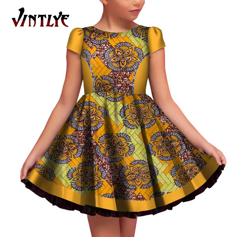Children African Clothes For Girls Fashion Vintage Dress Dashiki Kente Printed Clothing Girl Summer Short Sleeve Princess Dress