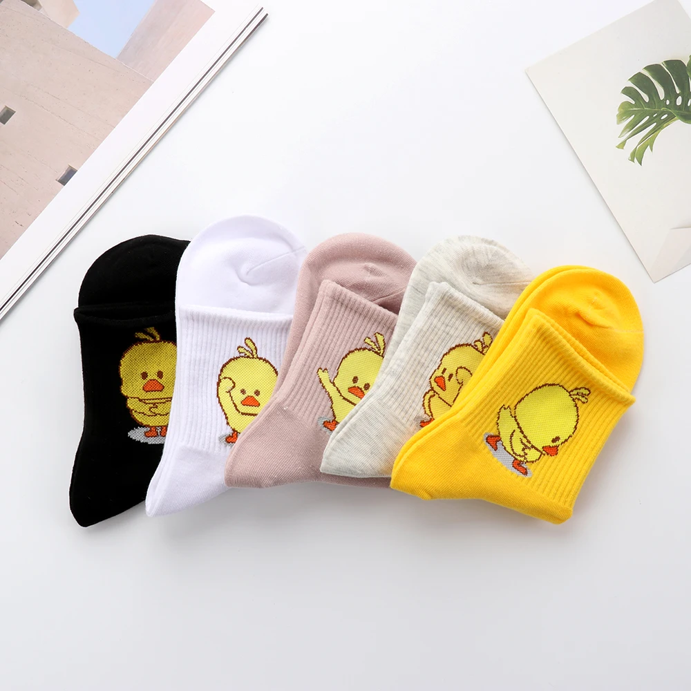 

1Pair Unisex Cute Cotton Socks Cartoon Embroidery Dancing Yellow Duck Hosiery Hip Hop Hipster Funny Breathable Casual Ankle Sox