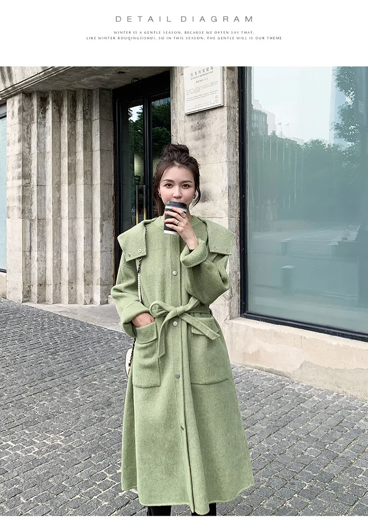 Acz19 Winter Hat Removable Shoulder Green Woolen Jacket Korean-style Loose And Plus-sized Hooded Long Woolen Overcoat