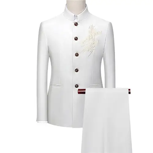 Men's White Single Breasted Stand Up Collar Suit 2-Piece, Chinese Style Red Slim-Fit Blazer Coat and Pants, Black, Blue, Yellow. - Image 7