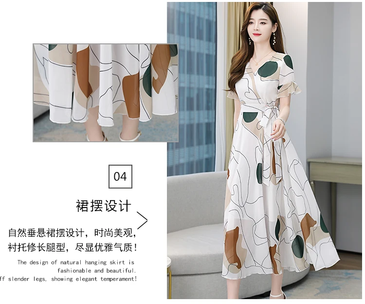 Women Summer 2021 White Chiffon Dress Casual Robe Vestito Floreale Midi Tunics Boheme Short Sleeve V-Neck Plus Size Dresses