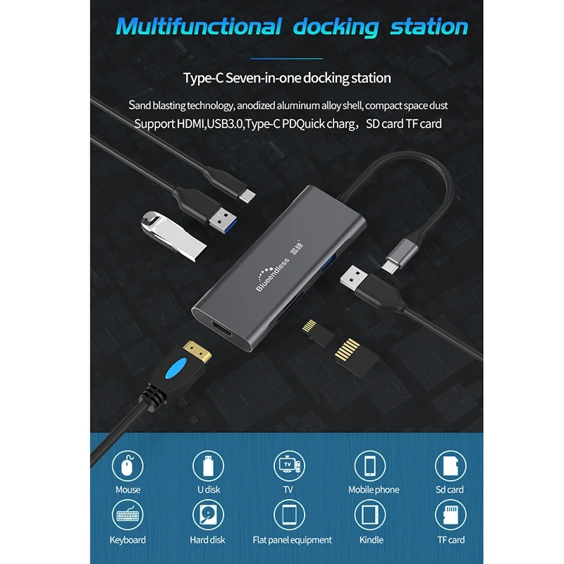 Blueendless 7 в 1 Usb-C type C 3,1 сплиттер Usb3.0 Hdmi Tf/Sd кардридер Pd концентратор адаптер для Macbook Pro Usb C концентратор