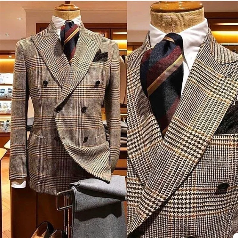Houndstooth Men Suit Formal Woolen Made Peaked Lapel Blazer Men Coat Double Breasted Suits Tuxedos Long Suit For Man