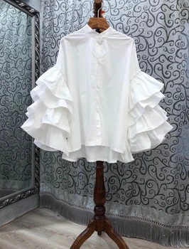 

2020 Early Autumn New Women's Small round Neck Sleeves Irregular Layer Stitching Horn Sleeve Solid Color Shirt 722