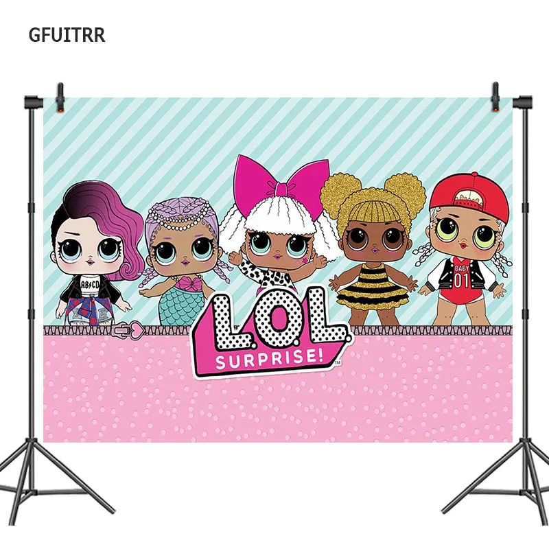 

GFUITRR Lol Doll Girls Birthday Photography Backdrop Polka Dots Stripes Photo Background Pink 7x5ft Vinyl Photo Booth Props