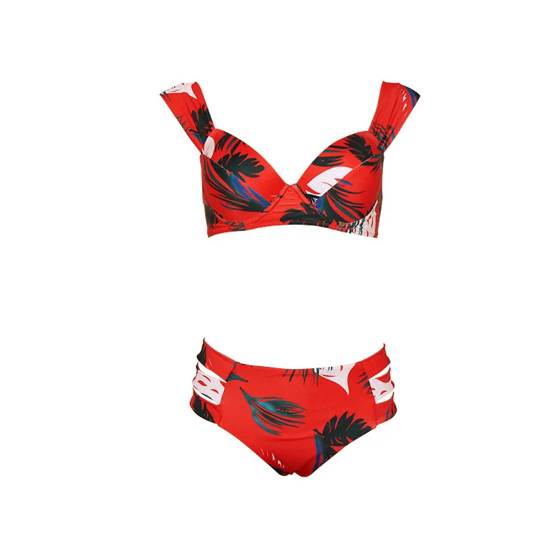 Сексуальный купальник бикини с принтом в виде листьев, женский купальник с дырочками, пуш-ап, комплект бикини, бразильский купальник, пляжная одежда, купальник - Цвет: Красный
