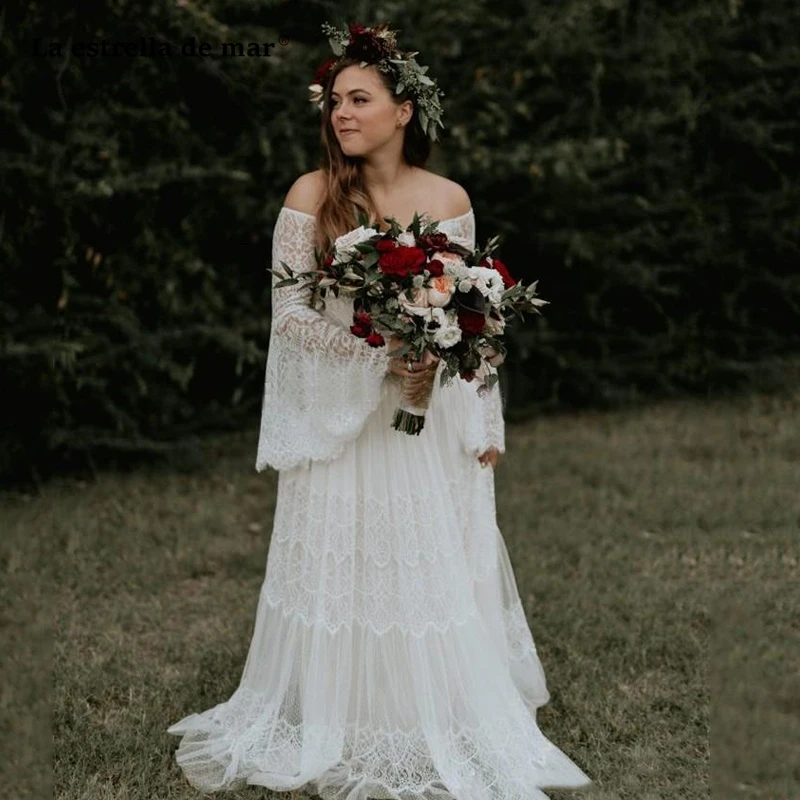 

maternity wedding dress new lace flared sleeves village boho beach Bridal Gowns village vestido de noiva de manga longa custom