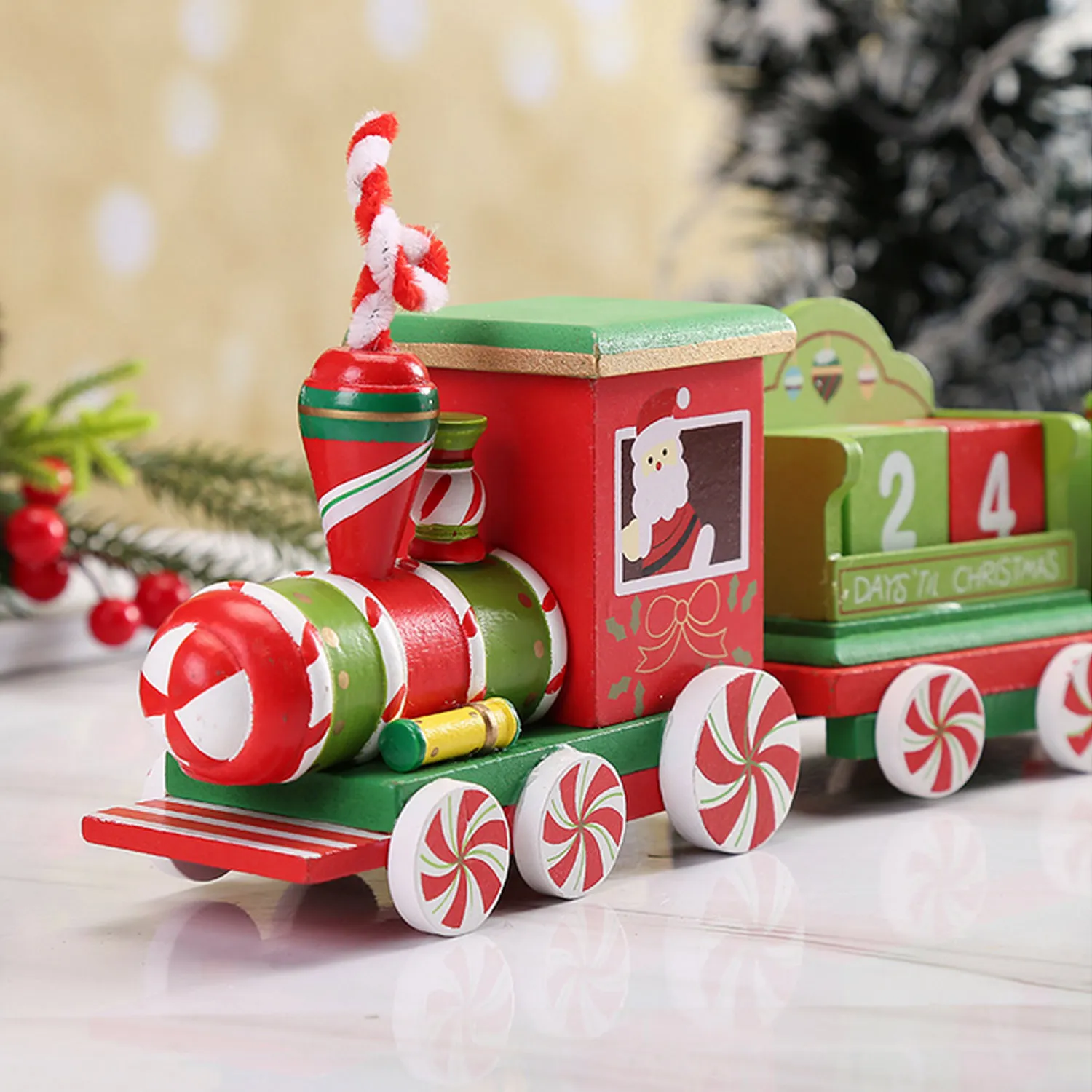 

Behogar Christmas Xmas Wooden Advent Calendar Countdown Train Decoration with Removable Cubes for Home Party Shelves Table Decor