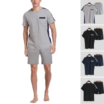 

2020 Summer Men Pajamas Sets Short Sleeve Patchwork Tops Elastic Short Bottoms Leisure Men Comfy Nightwear Sets Homewear S-5XL
