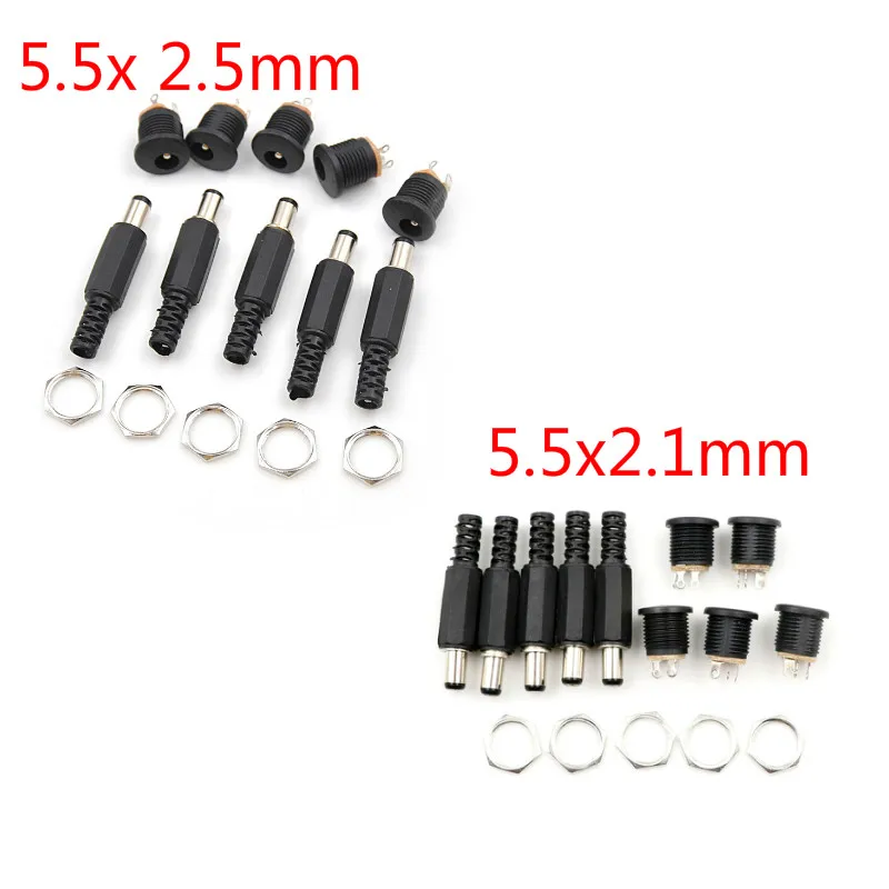 10PCS 5.5*2.5mm 5.5*2.1mm DC Power Female Plug Jack + 5pcs Male Plug Jack Socket Adapter Connector