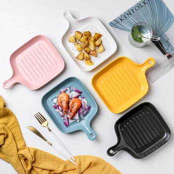 

Multicolor Ceramic Baking Dish Deep Plate 9.25x6.5in Nordic Rice Dish With Handle Oven Dish Ceramic dish Barbecue Dish Tableware