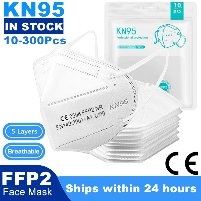 300 piezas KN95 Mascarillas CE FFP2 Facial cara máscara 5 capas de protección de salud transpirable 95% boca máscaras para la cara