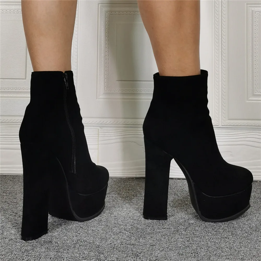 Kolnoo Handmade New Simple Style Women Chunky Heel Boots Kid-suede Platform Sexy Ankle Booties Large Size Fashion Winter Shoes