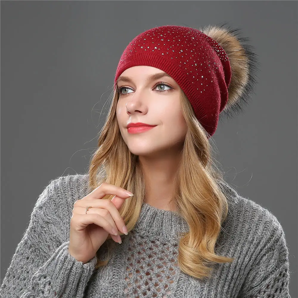 WineRed H7526 женская вязаная шапочка с помпонами, шапка осень-зима, женская теплая ветронепроницаемая одноцветная шапка с черепами, бриллиантовая модная Уличная Повседневная шапка - Цвет: WineRed