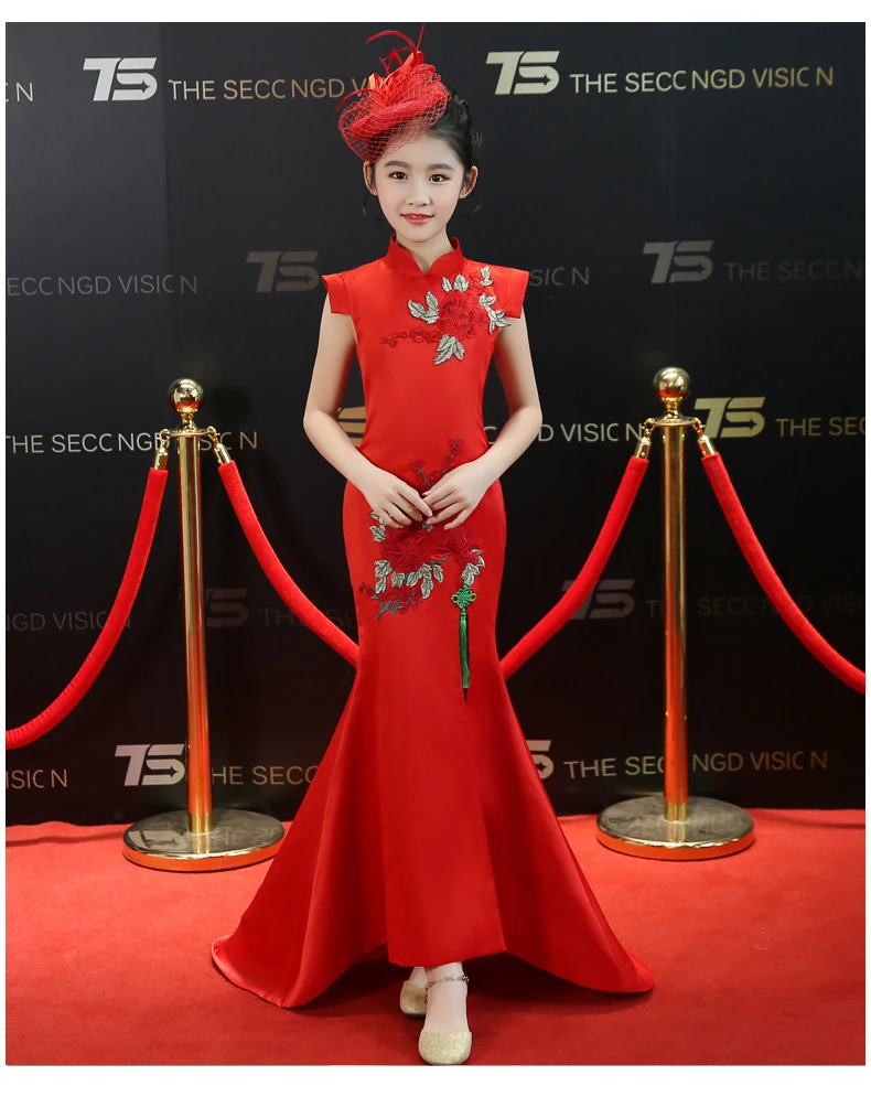 Красное детское праздничное платье на день рождения; Qipao; платье принцессы со шлейфом; китайское вечернее платье с вышивкой; Cheongsam; новогодняя Детская одежда