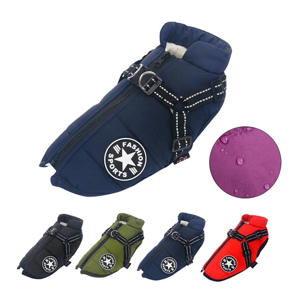 Winter Dog Clothes For Small Dogs Warm Fleece Large Dog Jacket Waterproof Pet Coat With Harness