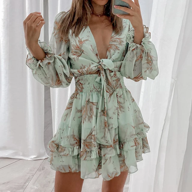 Women Spring V Neck Chiffon Print Dress Self-tie Knot Front Ruffles Leopard Dress Female Sexy Short A Line Party Vestidos 2021 5