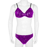 12 Colors Mens Sissy Lingerie Set Shiny Metallic Panties PVC Ruffled Spaghetti Strap Bra Top with Briefs Bikini Underwear 1