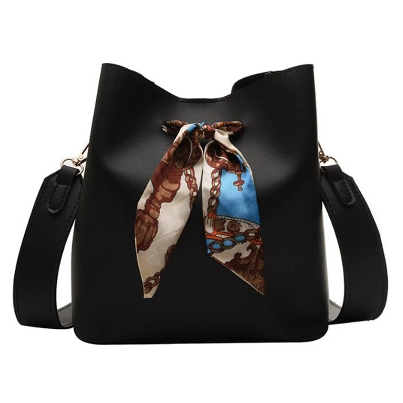 Женская сумка-мешок с шарфом из искусственной кожи, сумка-мессенджер, женская сумка на одно плечо для мамы, дорожная сумка - Цвет: Black