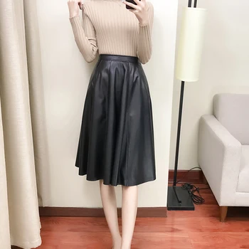 

High Waist Solid Pleated skirts womens 2019 new fashion Elegant black Genuine leahter Korean casual Midi Skirt Streetwear