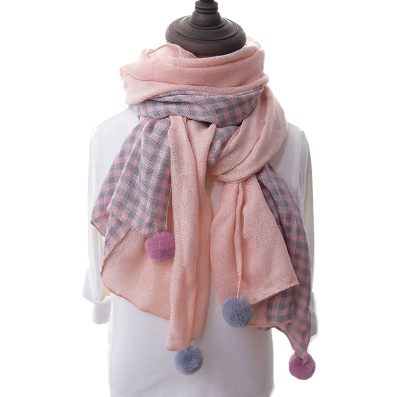 

Korean Cotton&Linen-like Scarf Plaid Splice Pompom Kids Girl Shawl Scarves 2-10Y