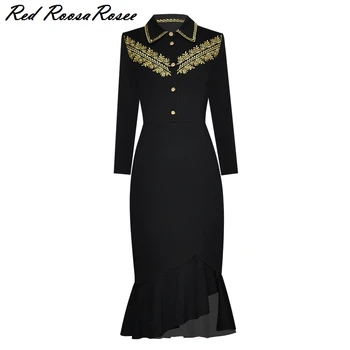 

Red RoosaRosee Designer Turn Down Collar Wrist Sleeve Embroidery Ruffles Fishtail Dress