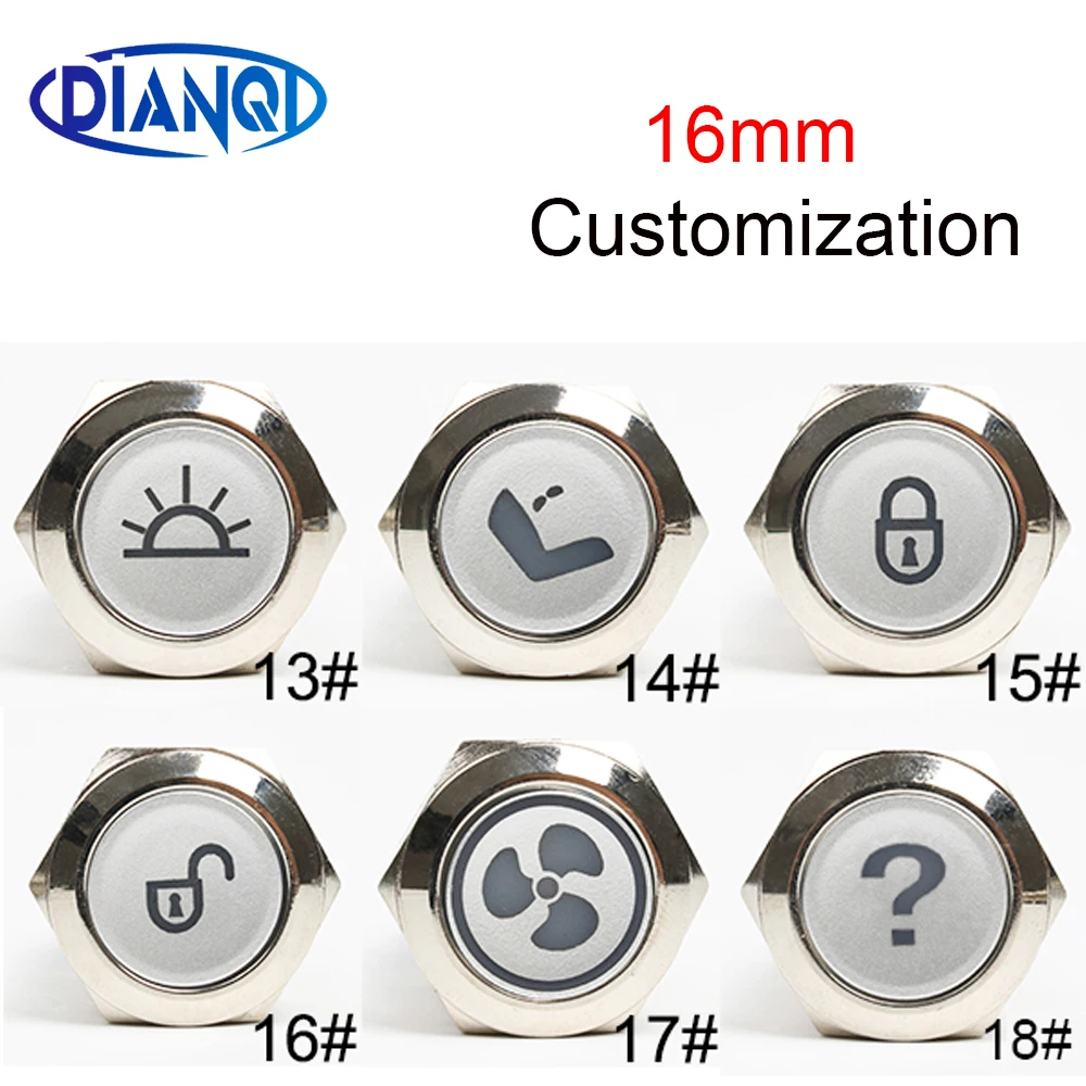 

16mm Customization button metal Brass rhodium plating push button switch ring lamp flat round fans light latching/Momentary
