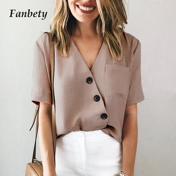 

Women Summer Fashion Short Sleeve V-neck Blouse Shirt Office Lady New Casual Button Blouses Elegant Pure Color Party Tops blusa