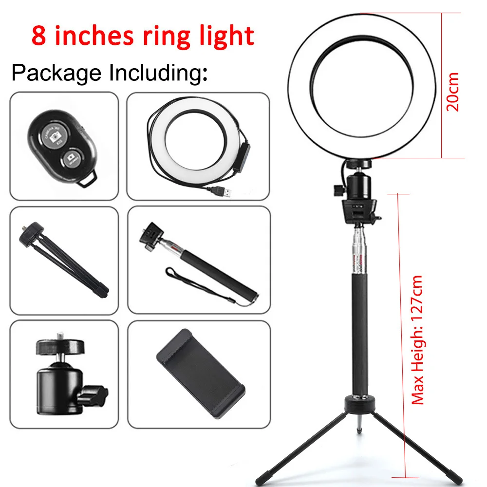 8 light 127 tripod Capsaver 6 дюймов 20 см 26 см светодиодный светильник для селфи кольцевые лампы с регулируемой яркостью для макияжа кольцевая лампа USB кольцо с фотографией светильник для видео Youtube Live - Цвет: 8 light 127 tripod