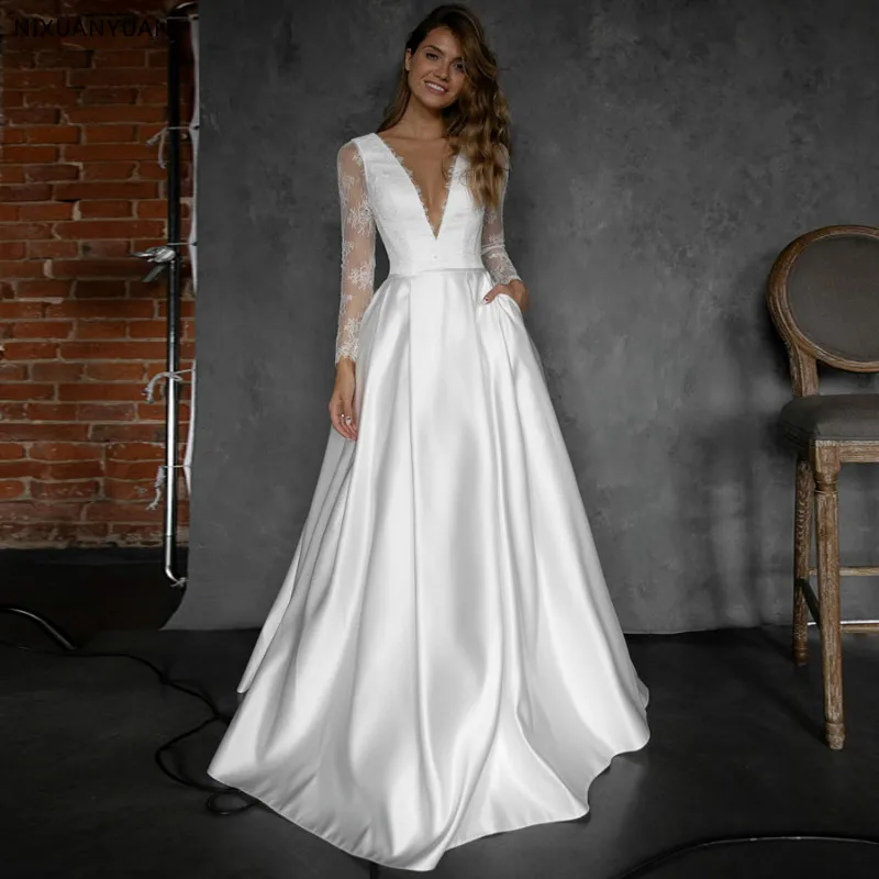 

White Ivory Wedding Dresses 2019 with Pocket Vestido Noiva Elegant Satin Long Sleeves Bridal Dress Sweep Train Wedding Gowns