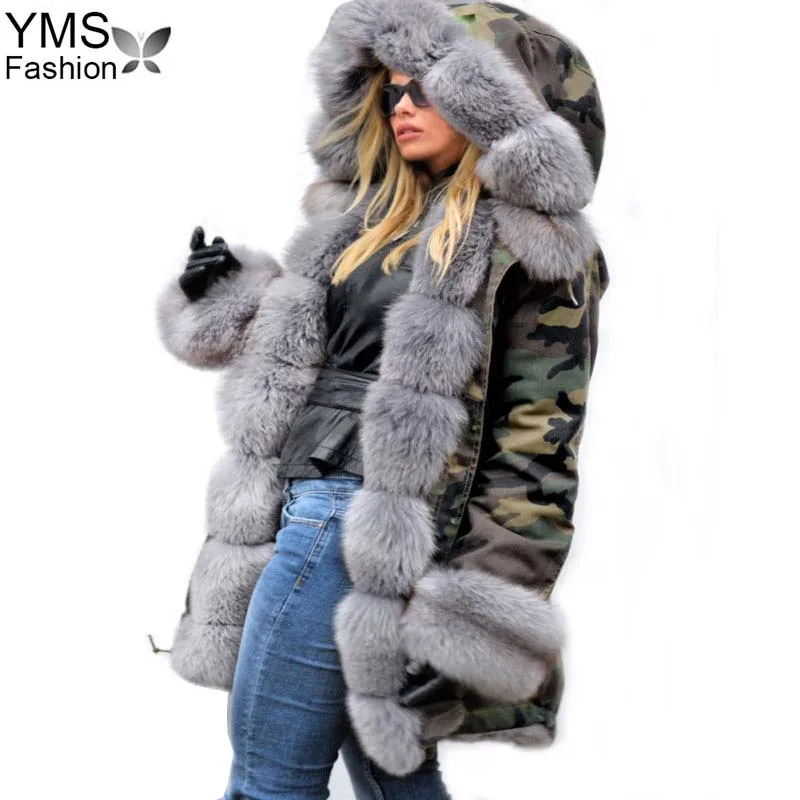 

2019 Autumn Winter Women Fur Jacket Coats Casual Long Sleeve Warm Outwear Tops Vintage Loose Camouflage Print Hooded Coat