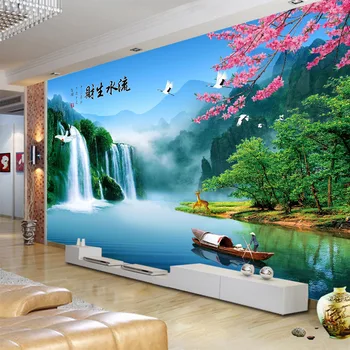 

3DCustomized mural wallpaper large Chinese style landscape with waterfall Chinese language behind sofa as background in room