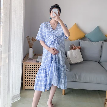 

8659# Summer Korean Fashion Maternity Long V Neck Blue Plaid Drawstring Stylish Clothes for Pregnant Women Pregnancy Clothing