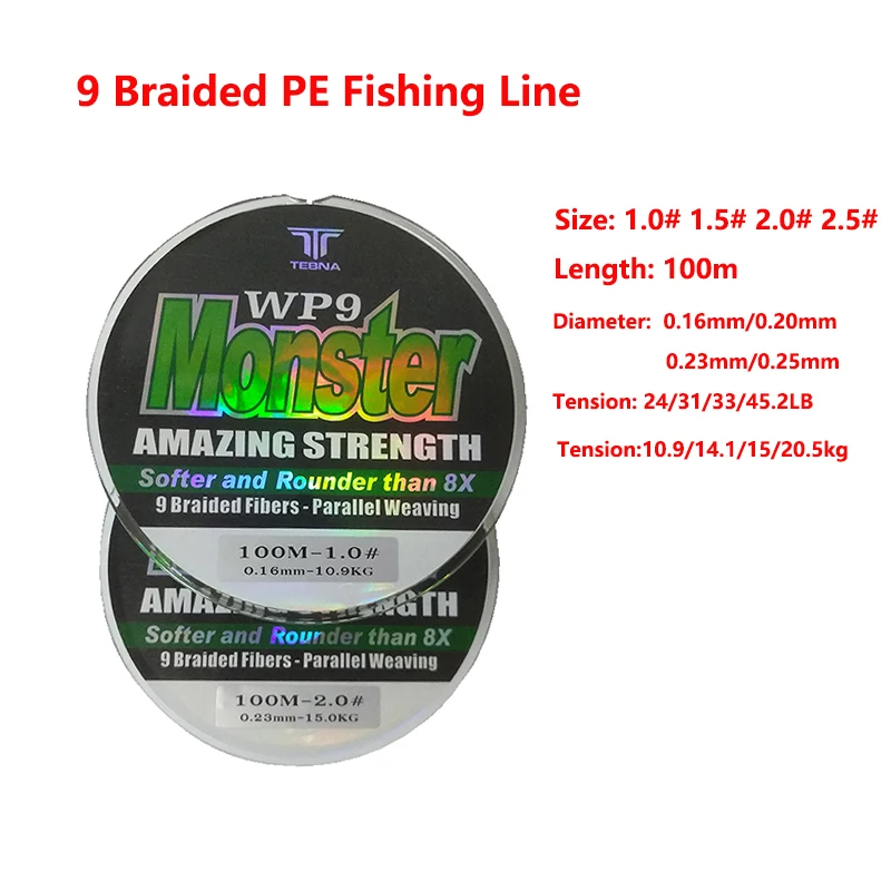 

9 Braided Fishing Line 100m 24-45.2LB Strands Multifilament PE Line for Freshwater Saltwater