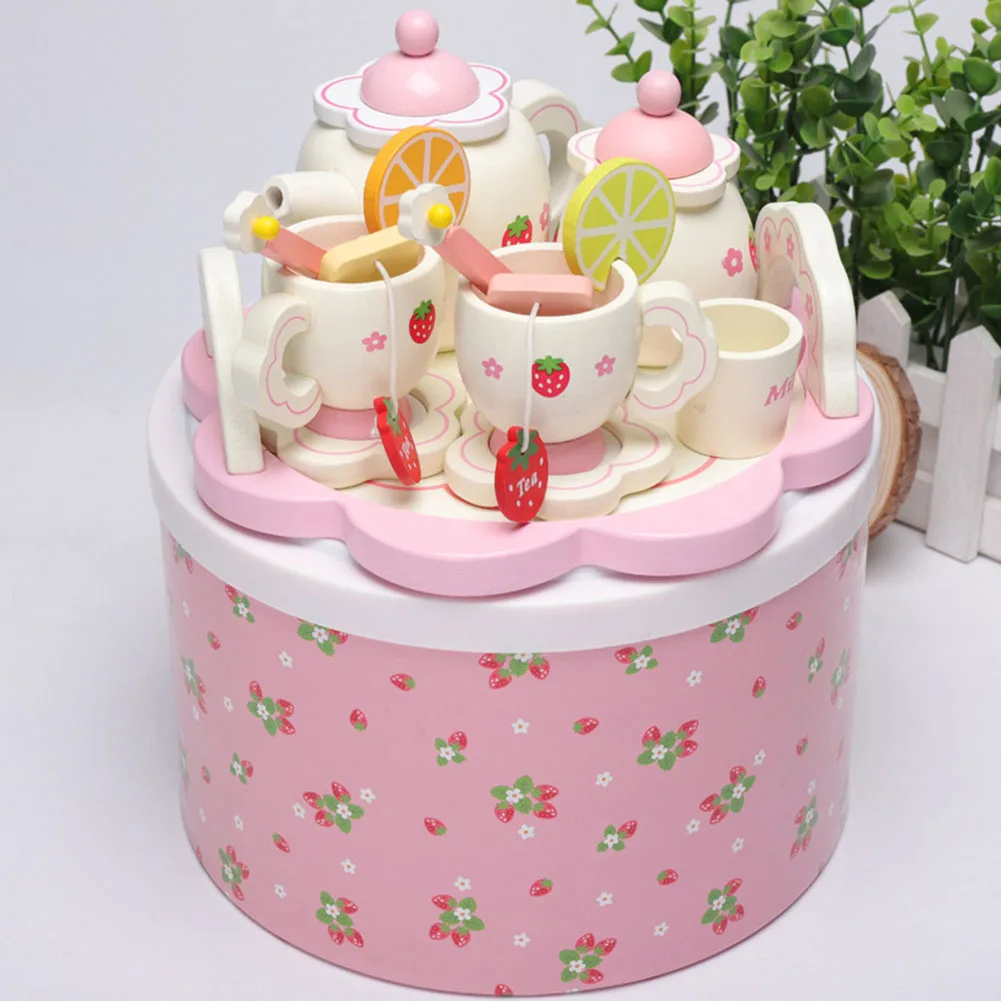 

Girl Mini Wooden Pretend Play Tea Set Toy Kids With Box Spoon Bowl Kitchen Cup Tray Fruit Slice Gift