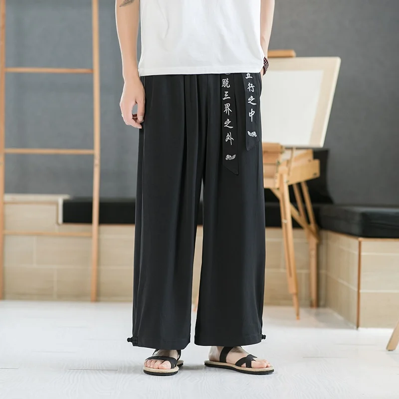 Men Cotton Linen Wide Leg Pants Summer Harajuku Male Streetwear Harem Pants Man Chinese Style Hanfu Kongfu Trousers Skirt 31121